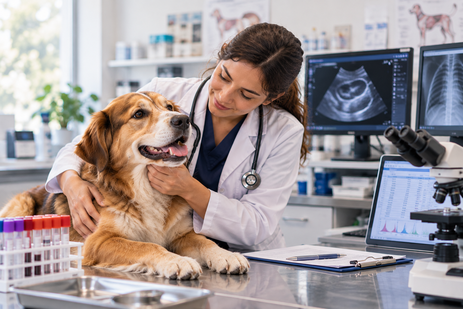 Evaluación veterinaria de un perro apoyada por estudios de laboratorio, microscopía e imagen diagnóstica