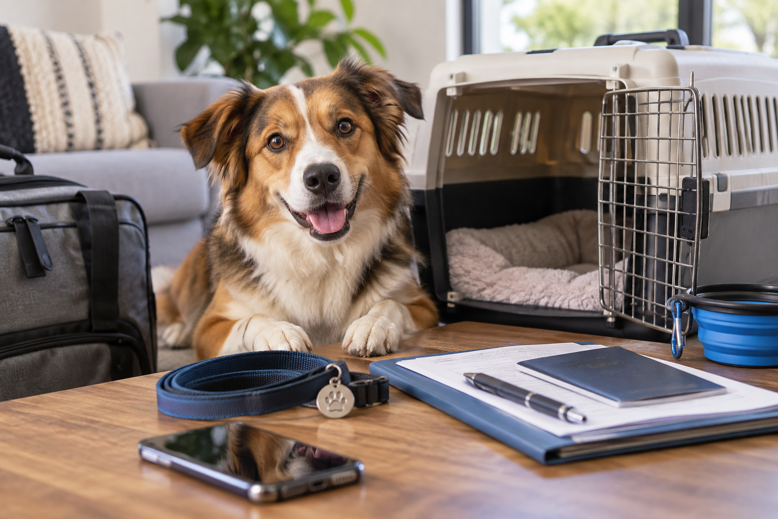 Perro con transportadora y documentos preparado para viajar a Estados Unidos