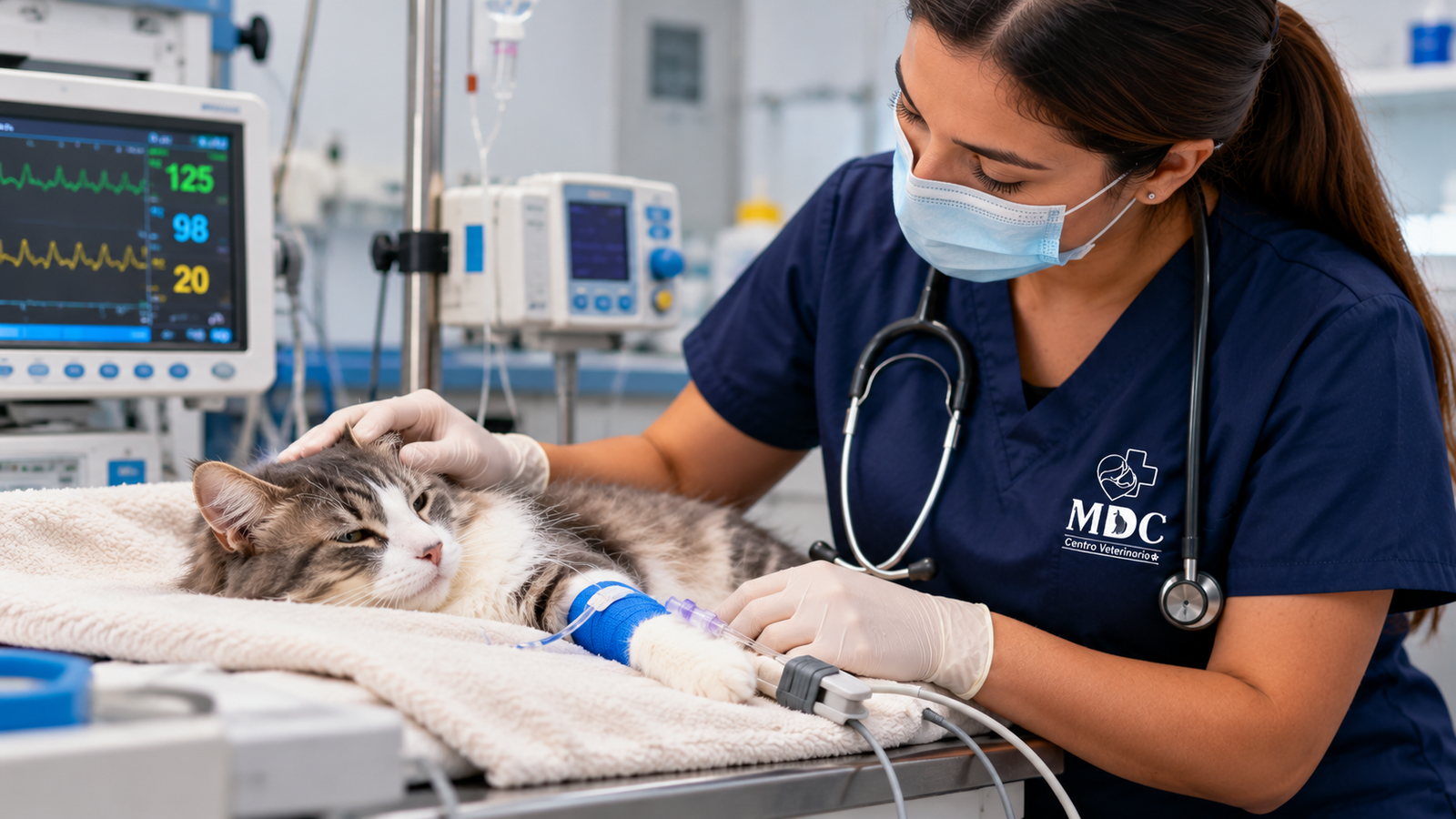 Gato con acceso intravenoso bajo vigilancia y monitorización veterinaria en MDC Centro Veterinario