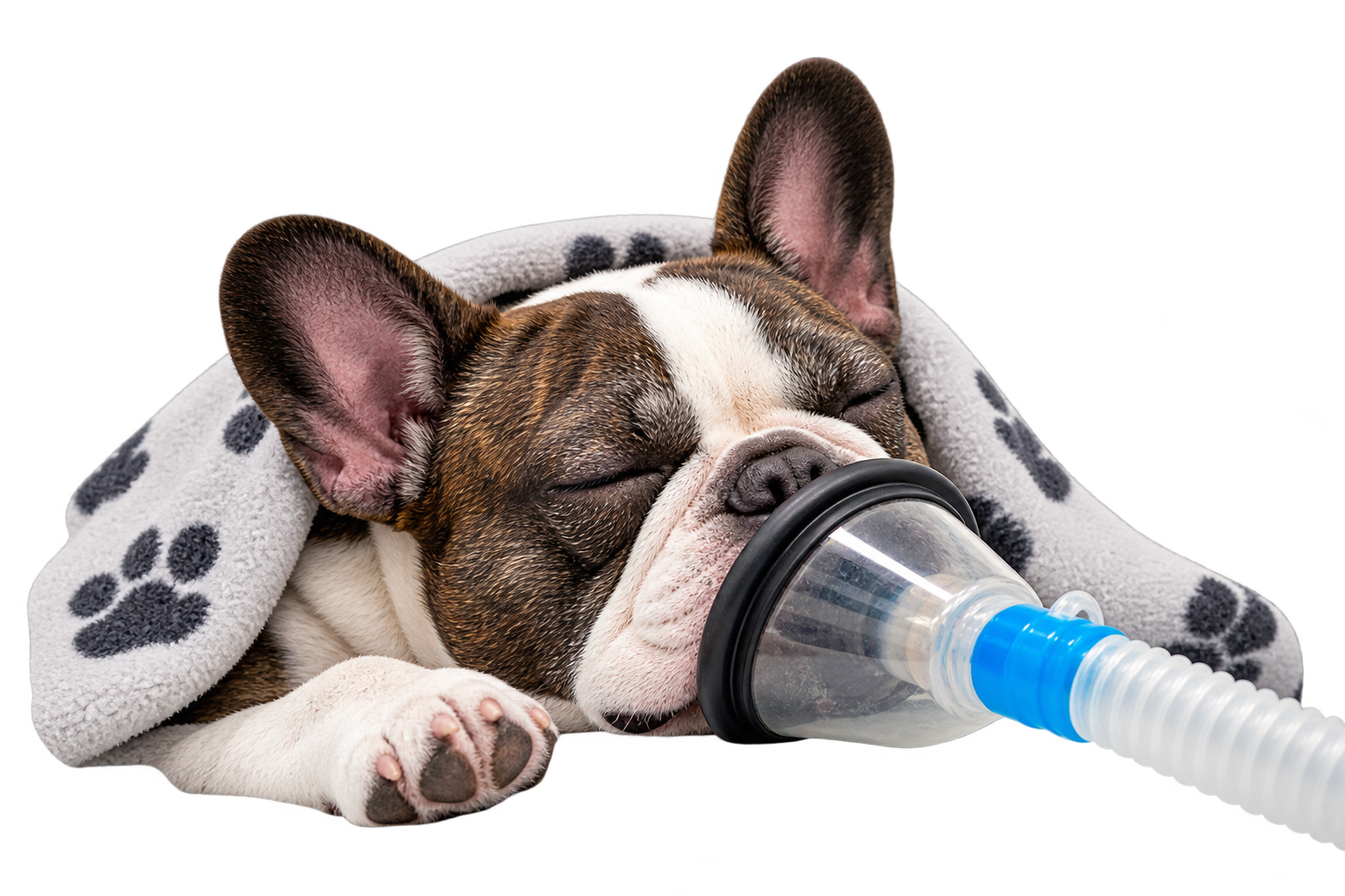 Bulldog francés dormido con mascarilla anestésica durante un procedimiento veterinario