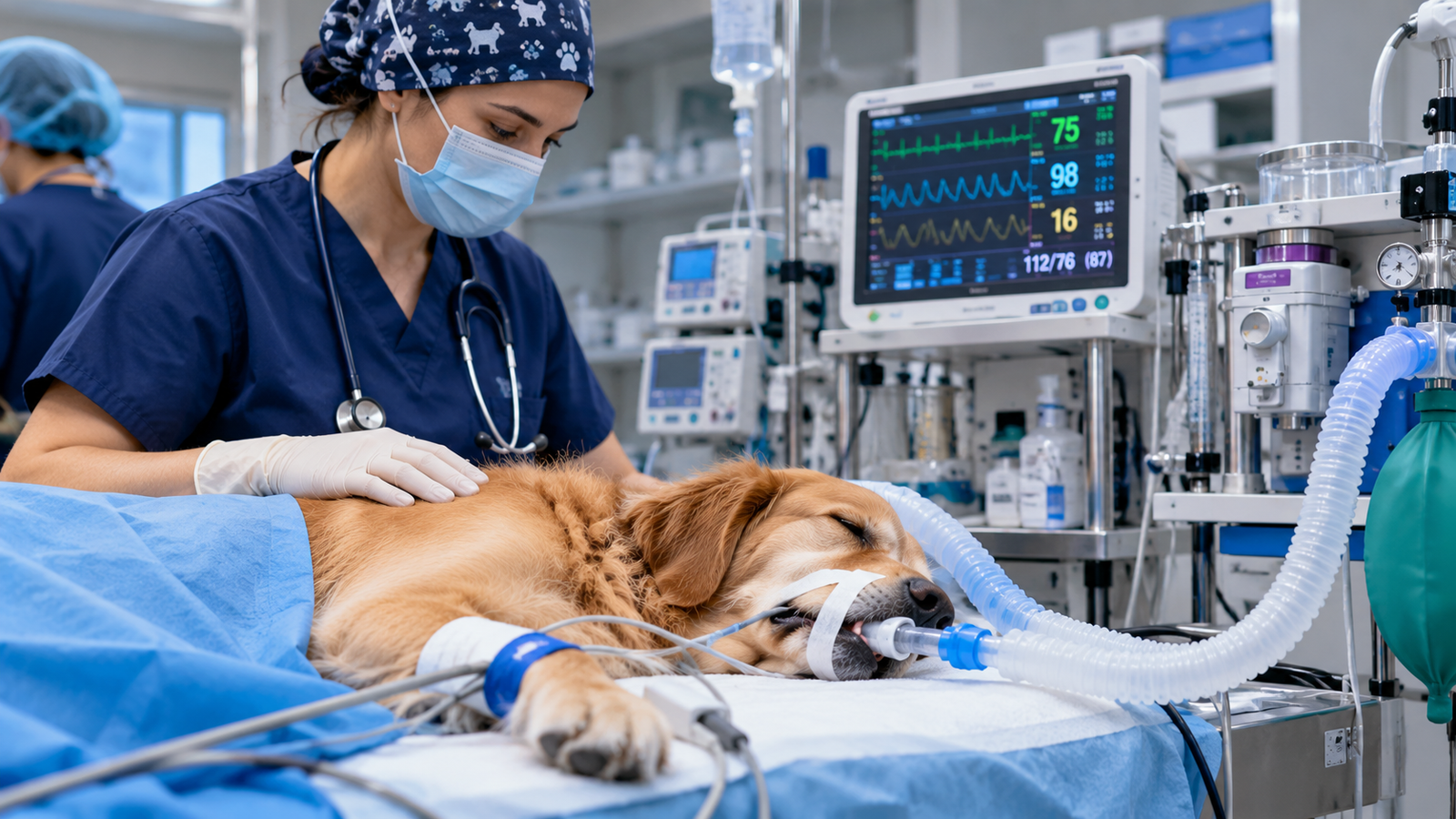Paciente canino bajo anestesia general con supervisión veterinaria y monitorización de signos vitales