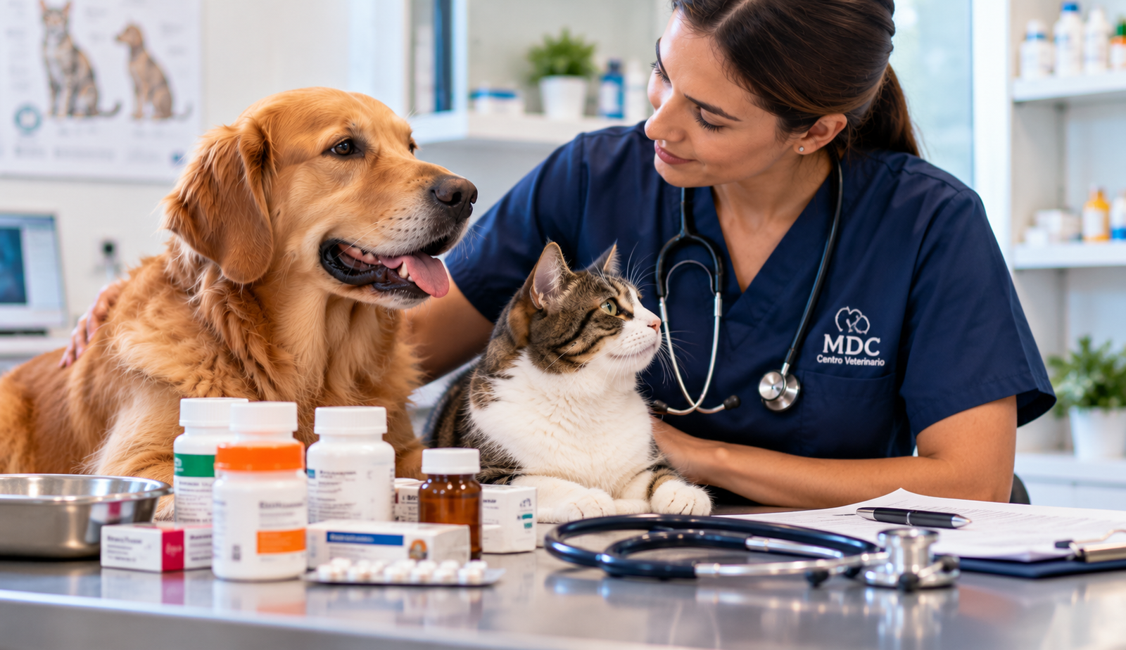 Consulta veterinaria con perro, gato y medicamentos que requieren prescripción profesional