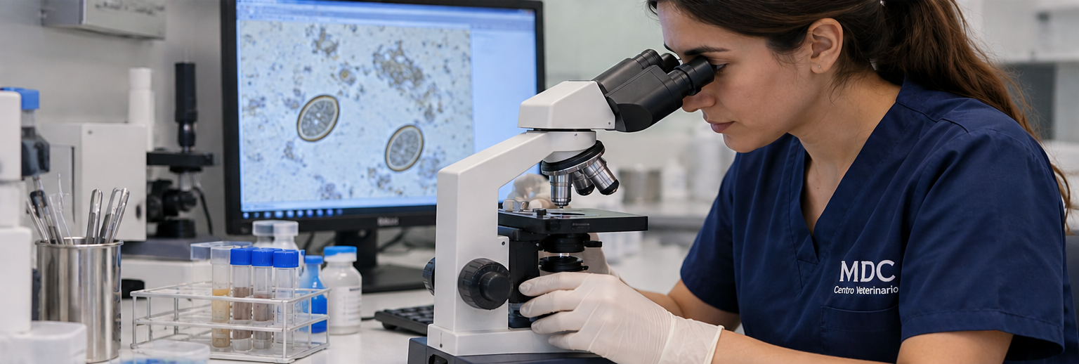 Médica veterinaria examinando una muestra fecal mediante microscopio en laboratorio