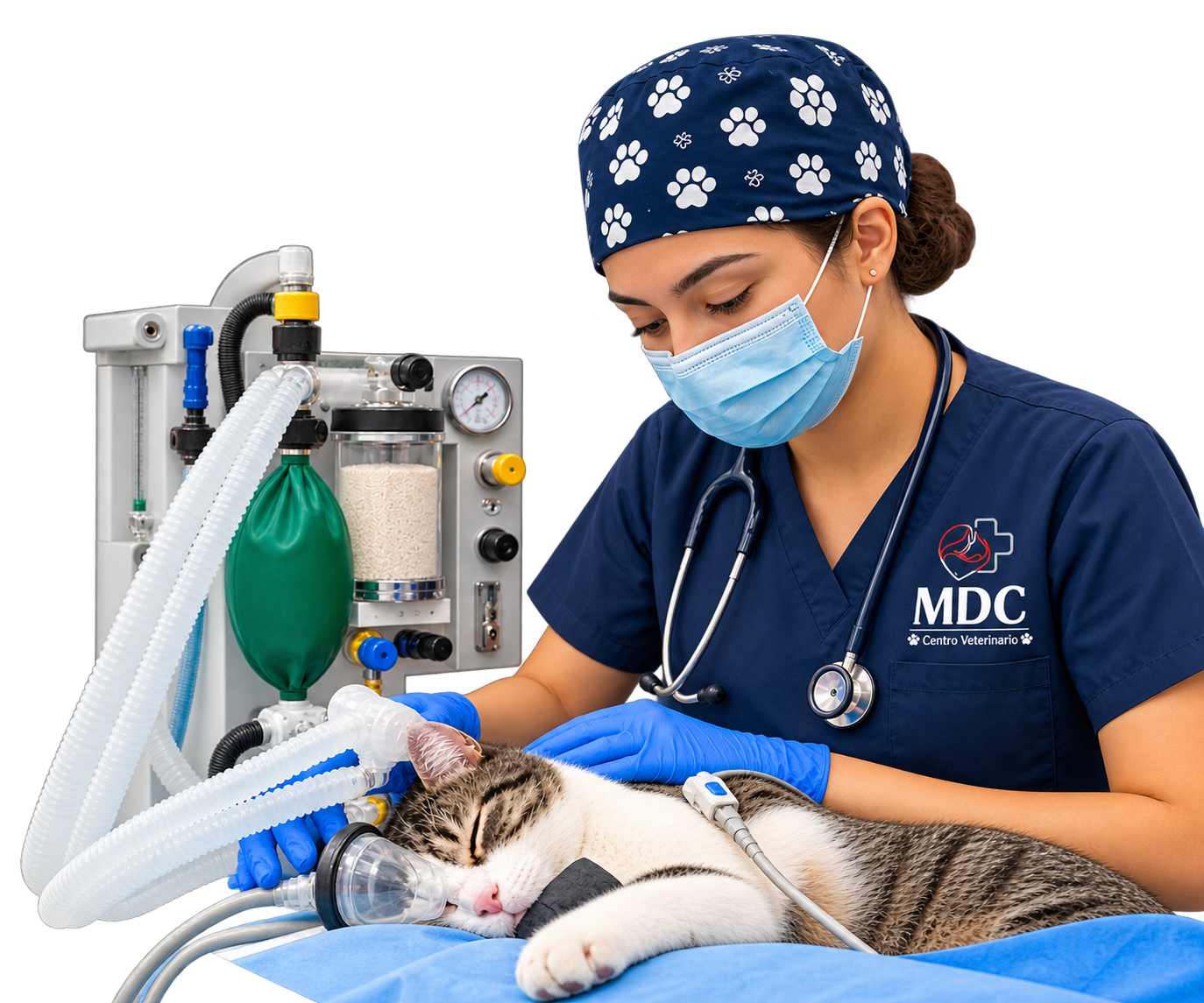 Veterinaria de MDC supervisando a un gato anestesiado junto al equipo de anestesia inhalada
